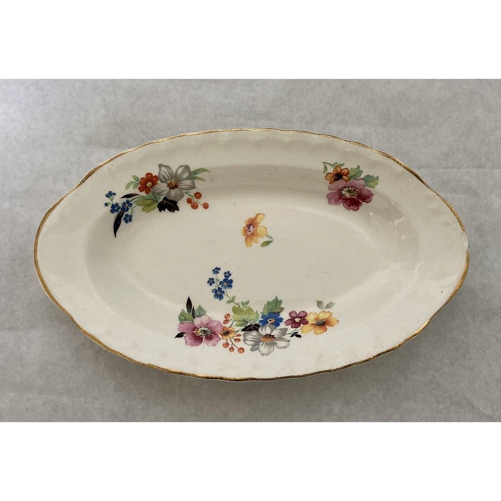 Vintage Pope Gosser Small Oval Dish Platter With Flowers Gold Rim U.S.A.